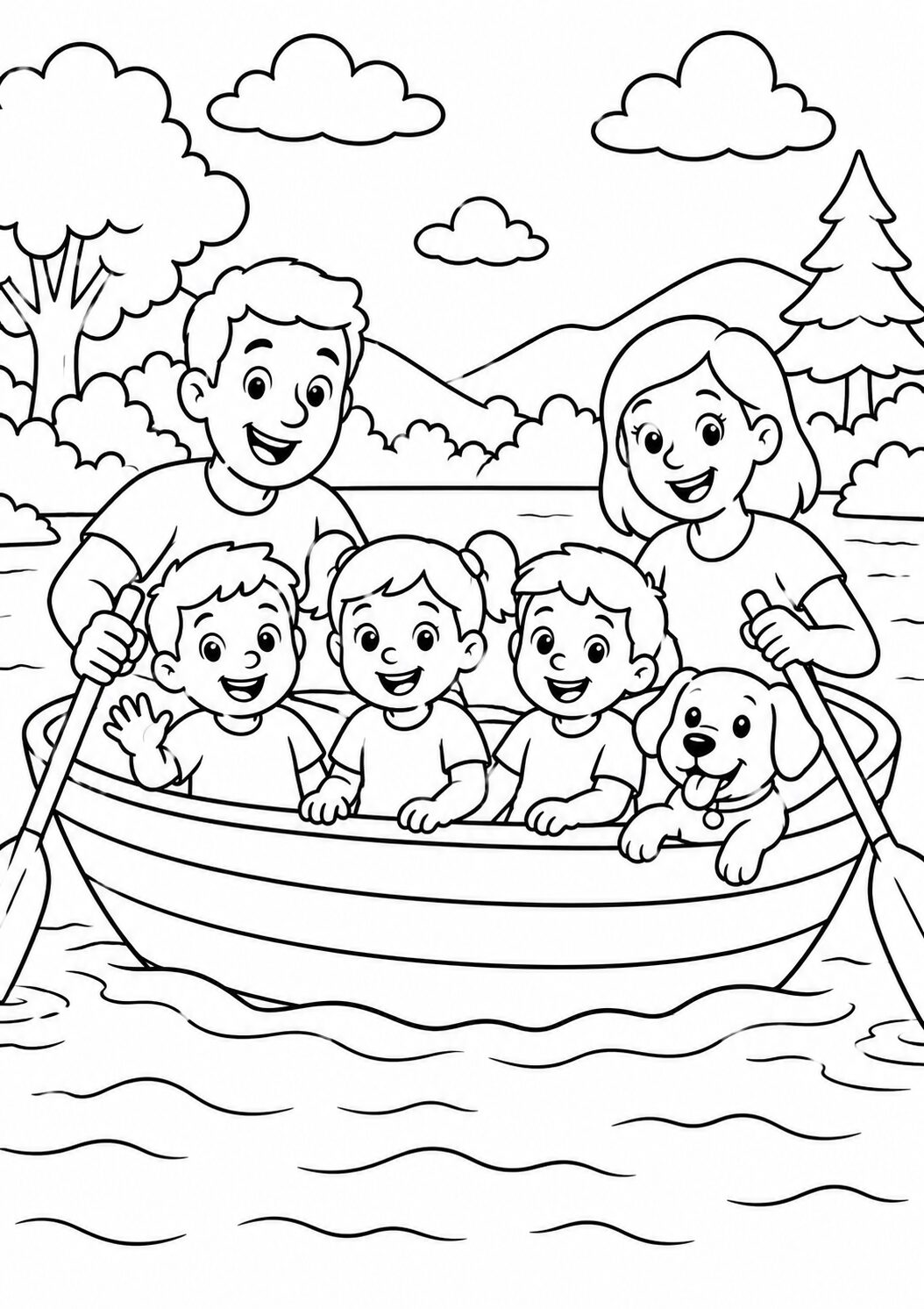 A coloring page showing a family of five with a dog in a boat, surrounded by nature. Trees and mountains in the background provide a scenic view, perfect for coloring.