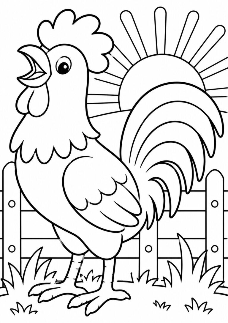 A lively rooster on a farm, with the sun rising in the background. The scene includes a wooden fence and grass, offering children a creative coloring experience with nature elements.