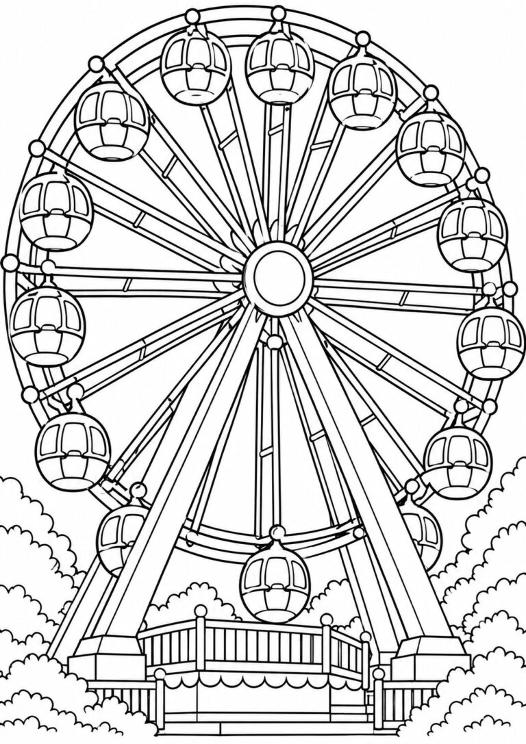 A Ferris wheel coloring page with detailed cabins and clouds. Ideal for kids to fill with colors, enhancing their creativity and providing a fun artistic challenge.