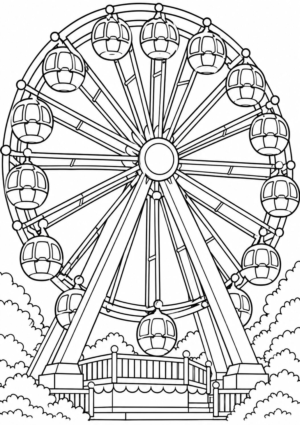 A Ferris wheel coloring page with detailed cabins and clouds. Ideal for kids to fill with colors, enhancing their creativity and providing a fun artistic challenge.
