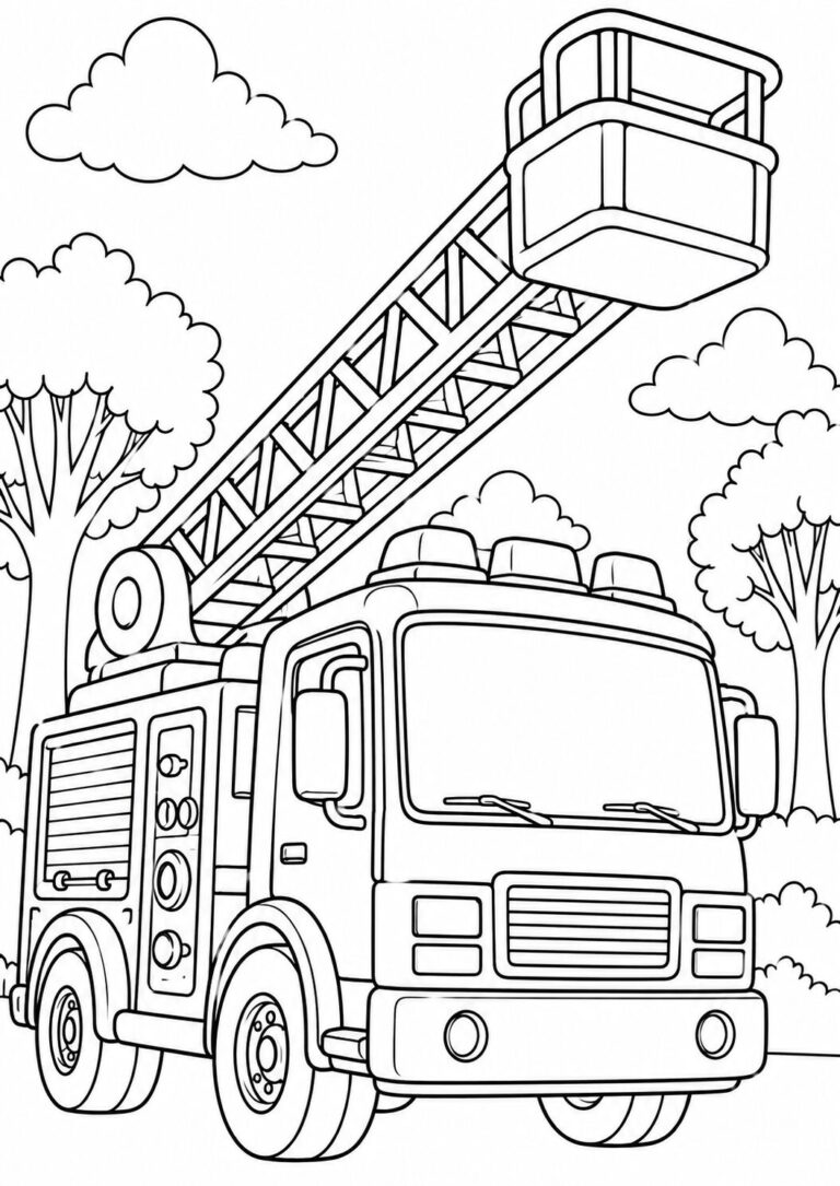 A children's coloring page depicting a fire truck with an extended ladder, amidst a scenic background of trees and clouds. Engages kids with its detailed and imaginative design, perfect for coloring enthusiasts.