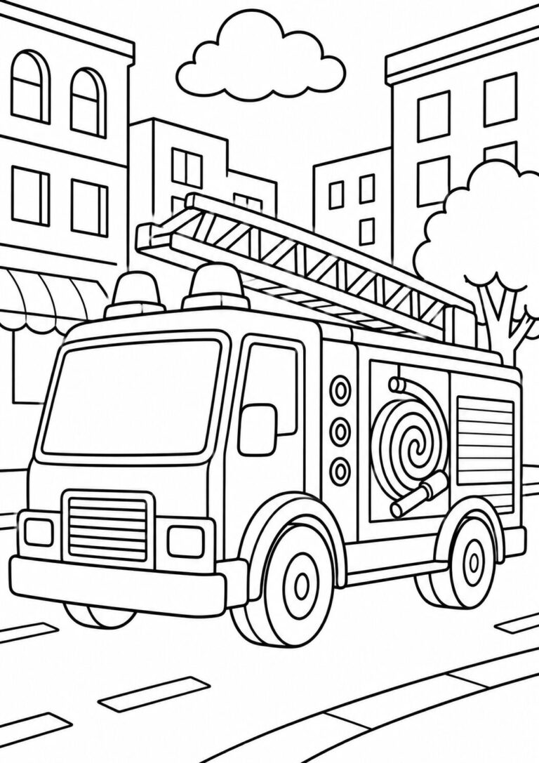 A detailed coloring page of a fire truck in a city street, perfect for kids who love emergency vehicles and imaginative play.
