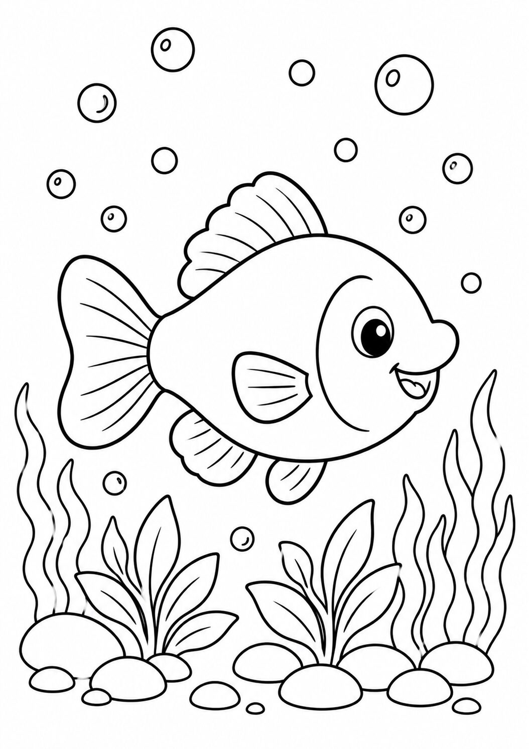 Charming fish coloring page featuring a cheerful fish amongst bubbles and sea plants, ideal for children's creative activities and coloring fun.