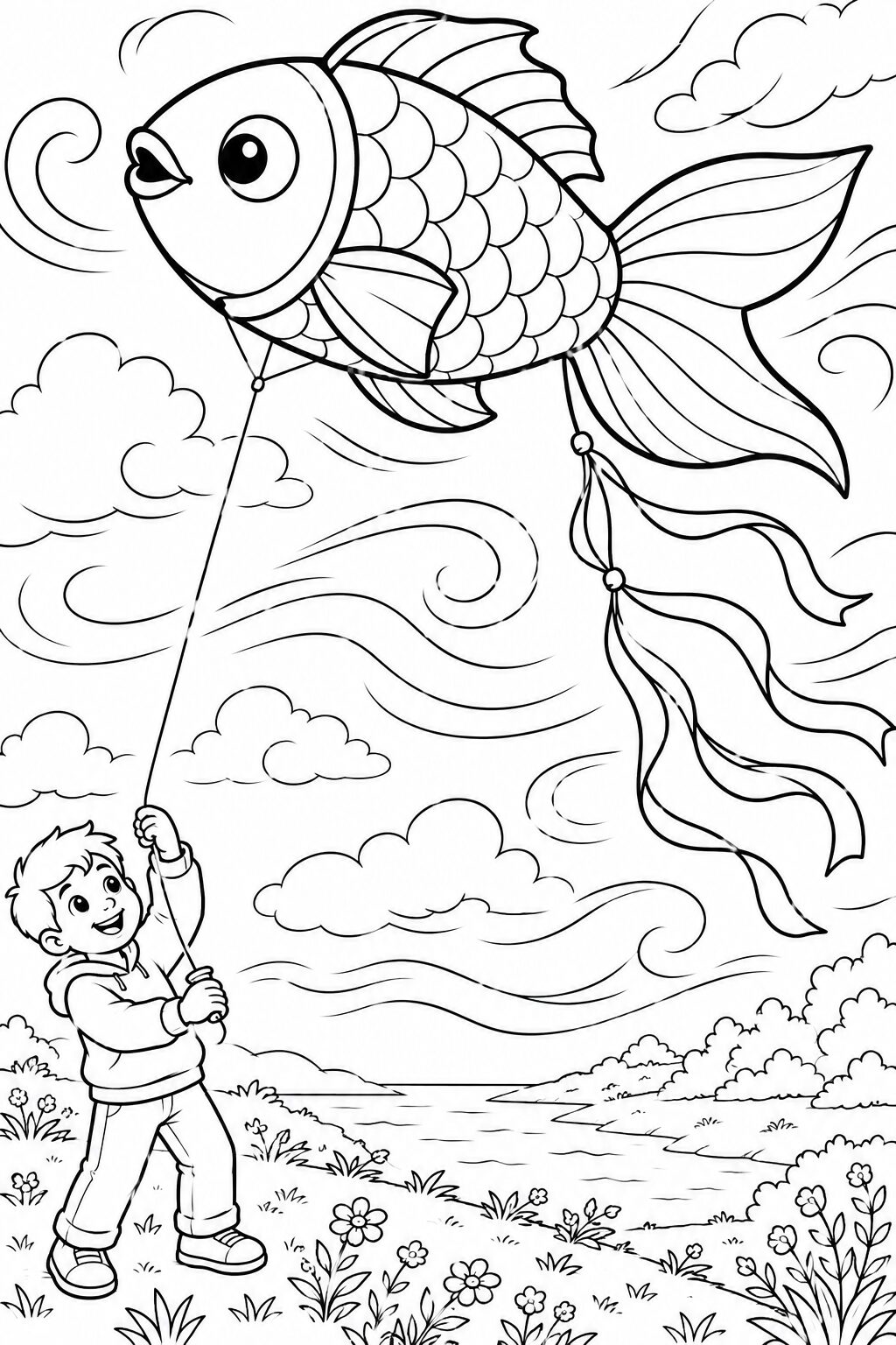 A coloring page showing a boy flying a large fish-shaped kite. The scene includes a scenic landscape with clouds and flowers, ideal for coloring and imagination.