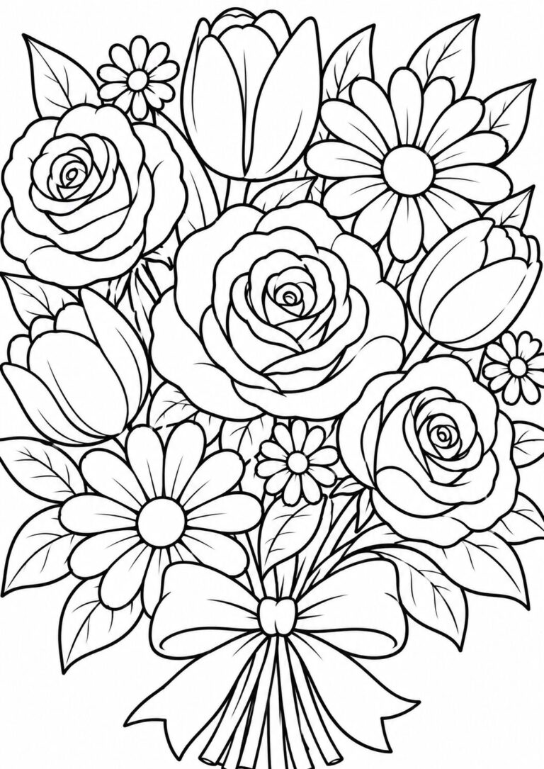 A children's coloring page displaying a beautiful bouquet of flowers including roses, daisies, and tulips tied with a ribbon. The intricate details in the petals and leaves offer a fun and engaging coloring activity.