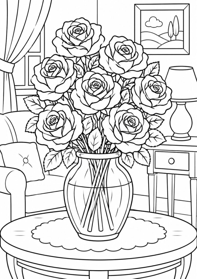 A detailed flower vase coloring page featuring roses in a vase on a table, perfect for children's artistic expression and creativity.