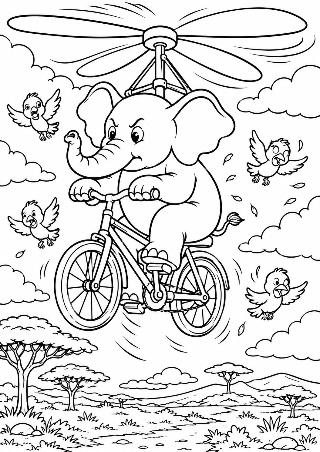 A coloring page of an elephant riding a bicycle with helicopter blades, flying in the sky. Birds joyfully circle around the elephant in a fanciful setting, with clouds and a vast landscape visible in the background, capturing a whimsical and imaginative scene.