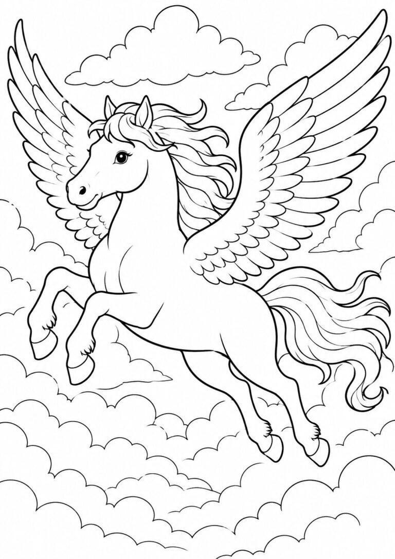 A detailed illustration of a flying Pegasus soaring through clouds, designed for children to color. Its wings are spread wide, providing an imaginative scene for creative coloring and storytelling.