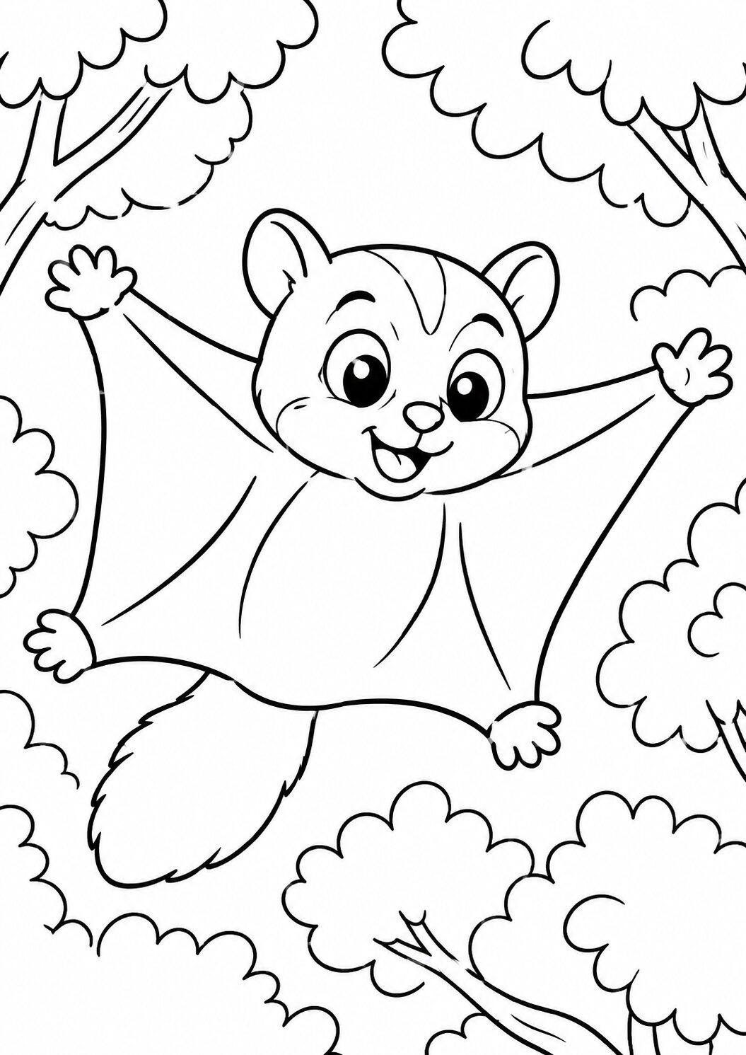 Coloring page depicting a cheerful flying squirrel soaring surrounded by fluffy tree tops. Ideal for kids to explore creativity and enjoy coloring cute forest animals.