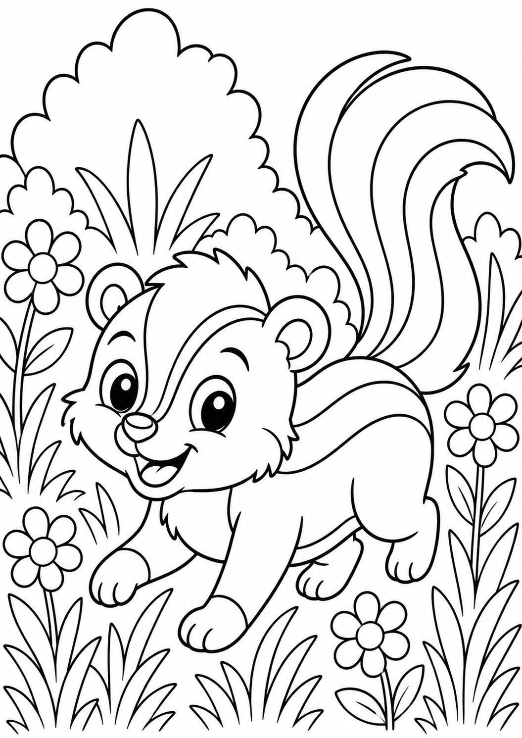 A cute skunk in a forest setting, surrounded by flowers and plants. The coloring page provides a playful opportunity for children to engage with nature through art and creativity.