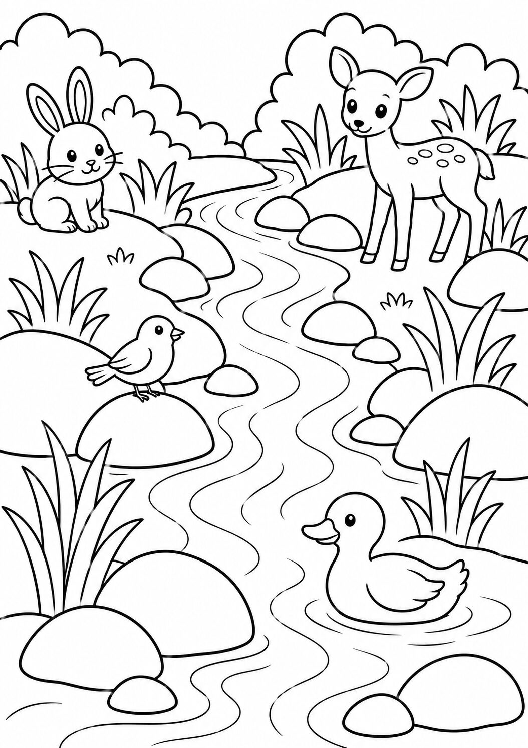 A delightful coloring page showing forest animals like a rabbit, deer, bird, and duck in a picturesque stream setting amidst rocks and bushes, offering a peaceful and fun activity for children.