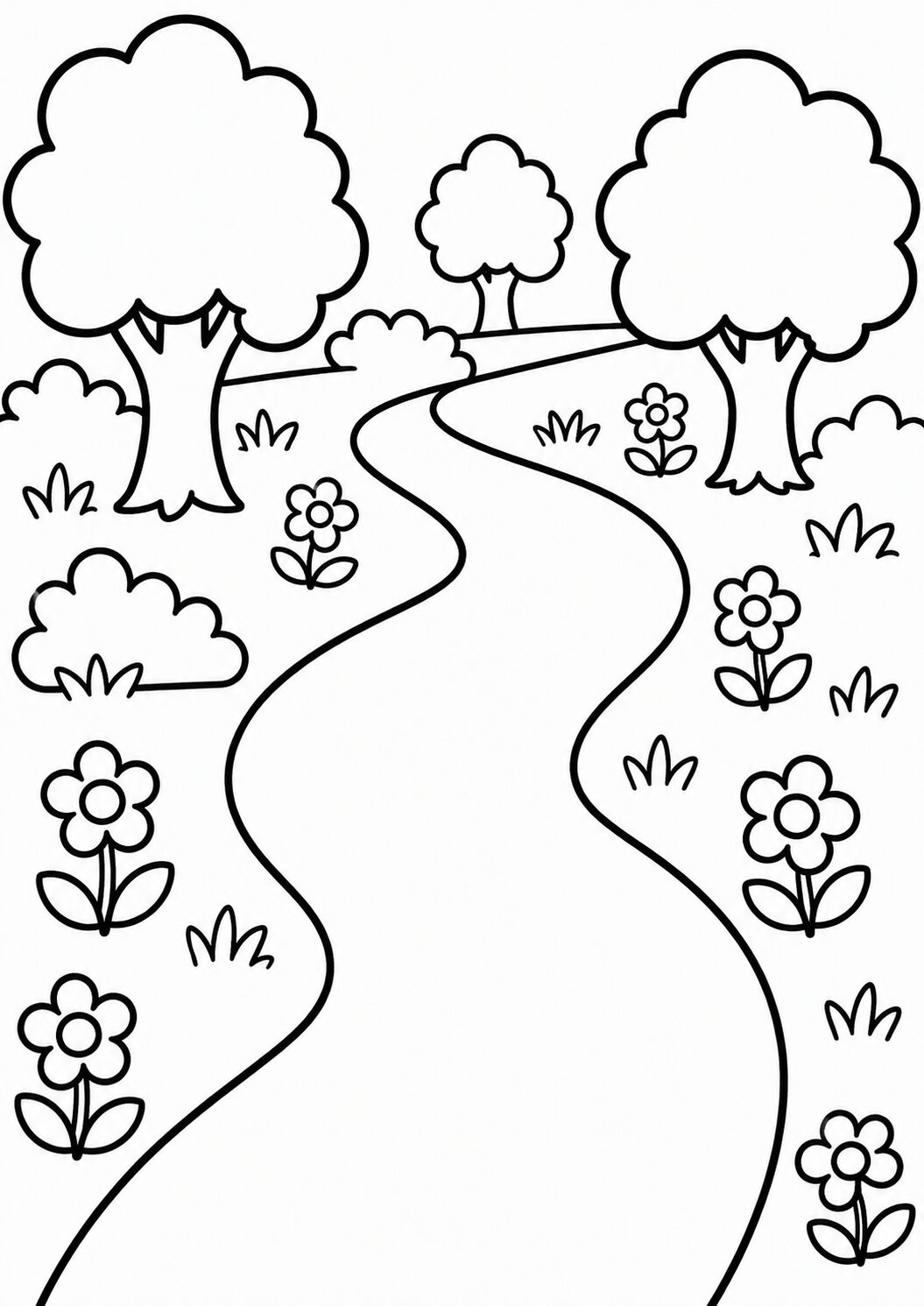 A children's coloring page depicting a winding forest path lined with trees and flowers, inviting kids to color the landscape and express their creativity.