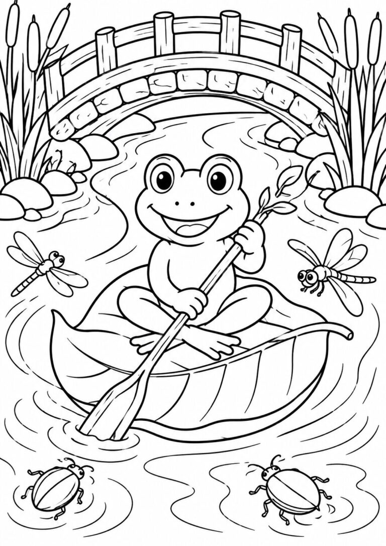A playful frog paddles a leaf boat under a bridge, surrounded by dragonflies and plants. This engaging scene offers children an exciting nature adventure to color.