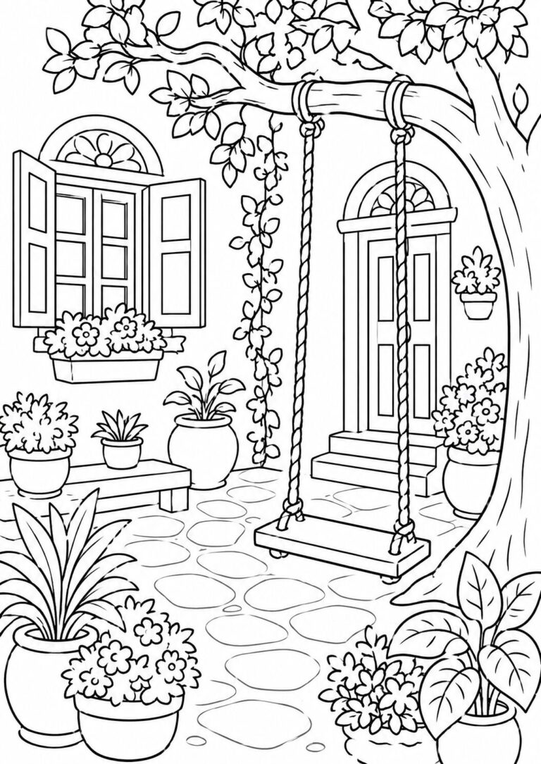 A peaceful garden scene with a swing hanging from a tree, surrounded by potted plants and cobblestones. A door and window add character to the serene backdrop.