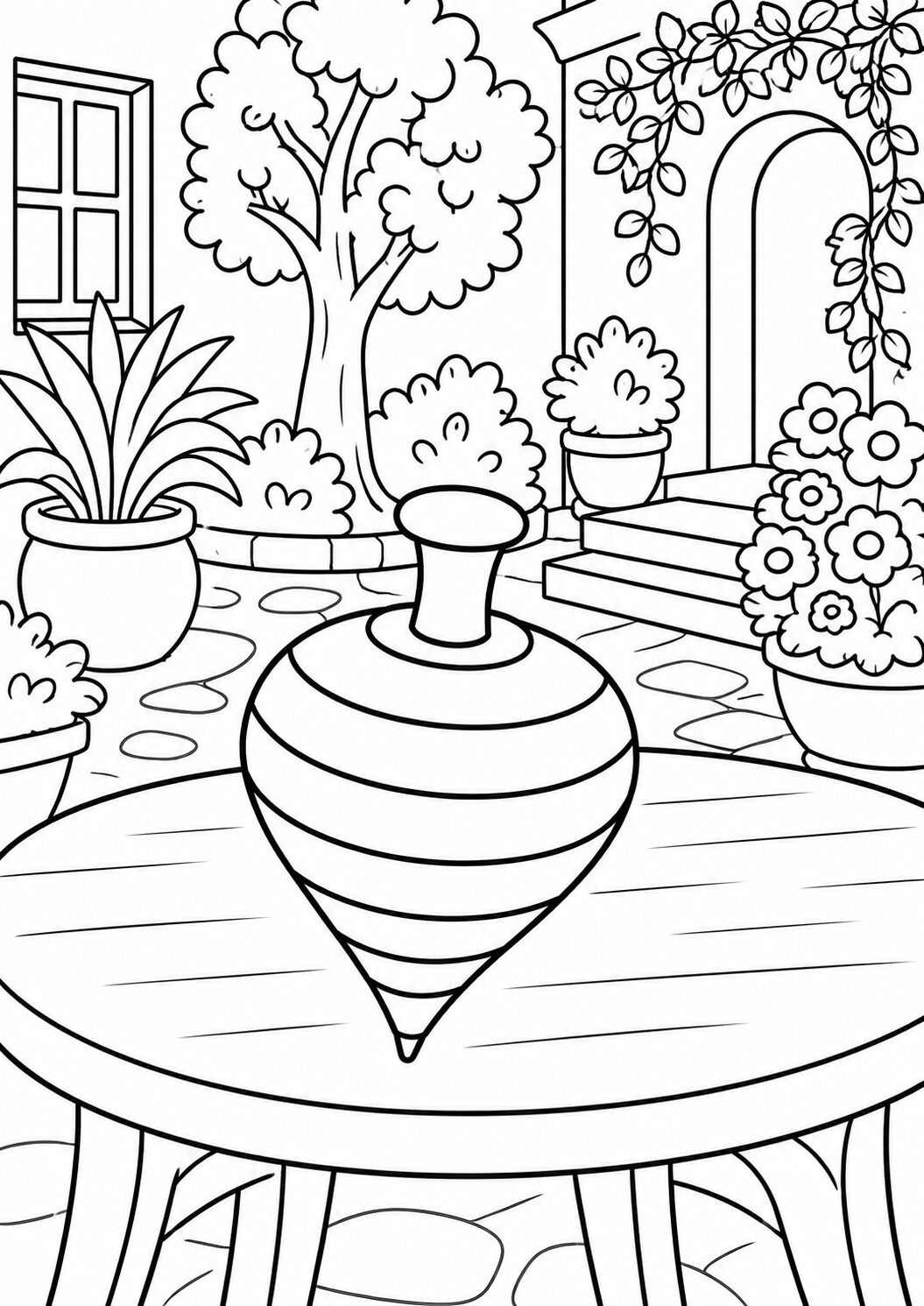 A beautiful garden coloring page with a decorative vase, lush trees, and vibrant flowers. Children can add their own colors to create a personalized garden wonderland, enhancing their creativity and artistic skills.