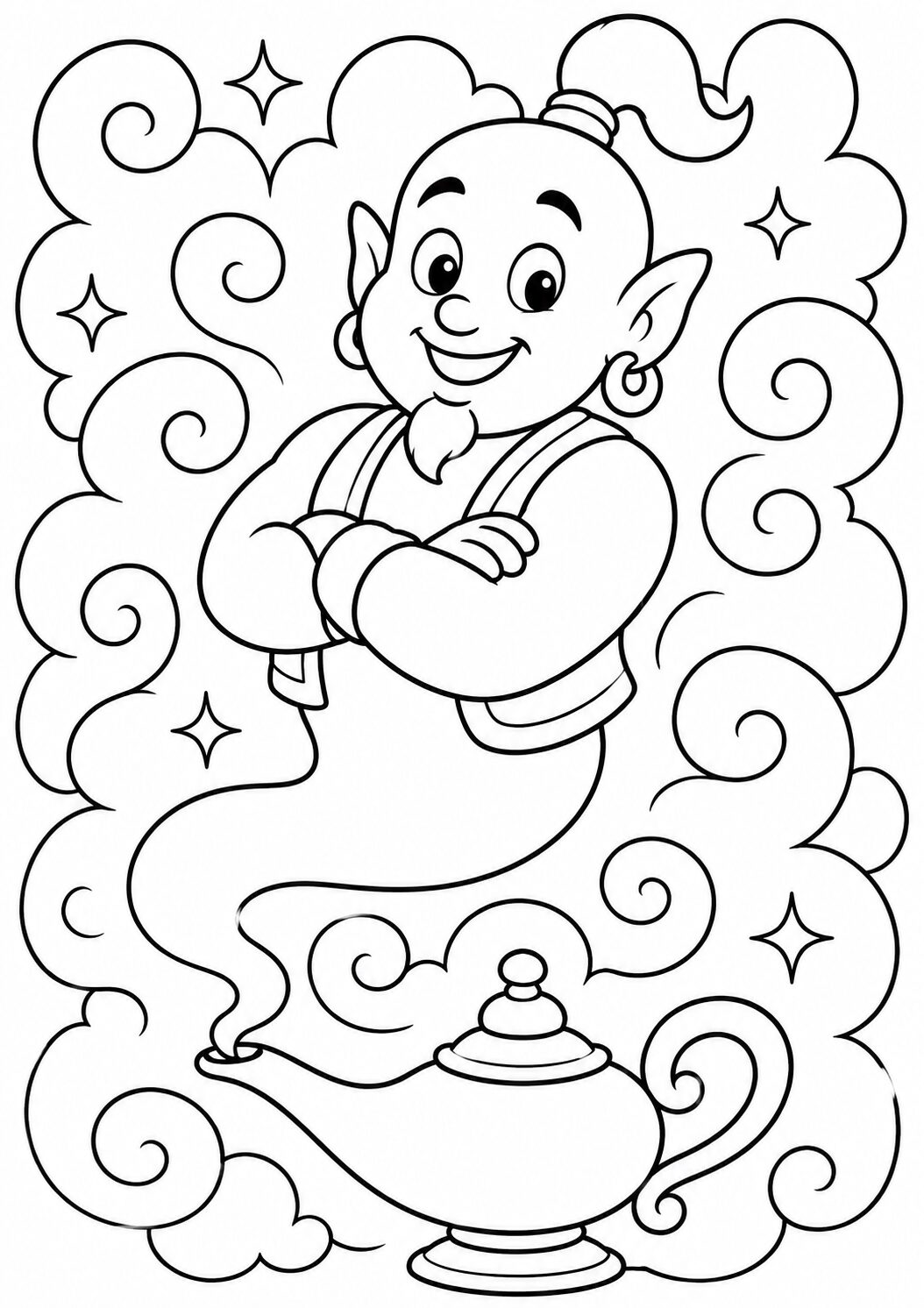 A charming genie with a friendly smile emerges from a lamp surrounded by swirling clouds and twinkling stars, offering a magical and imaginative scene for children to color and enjoy.