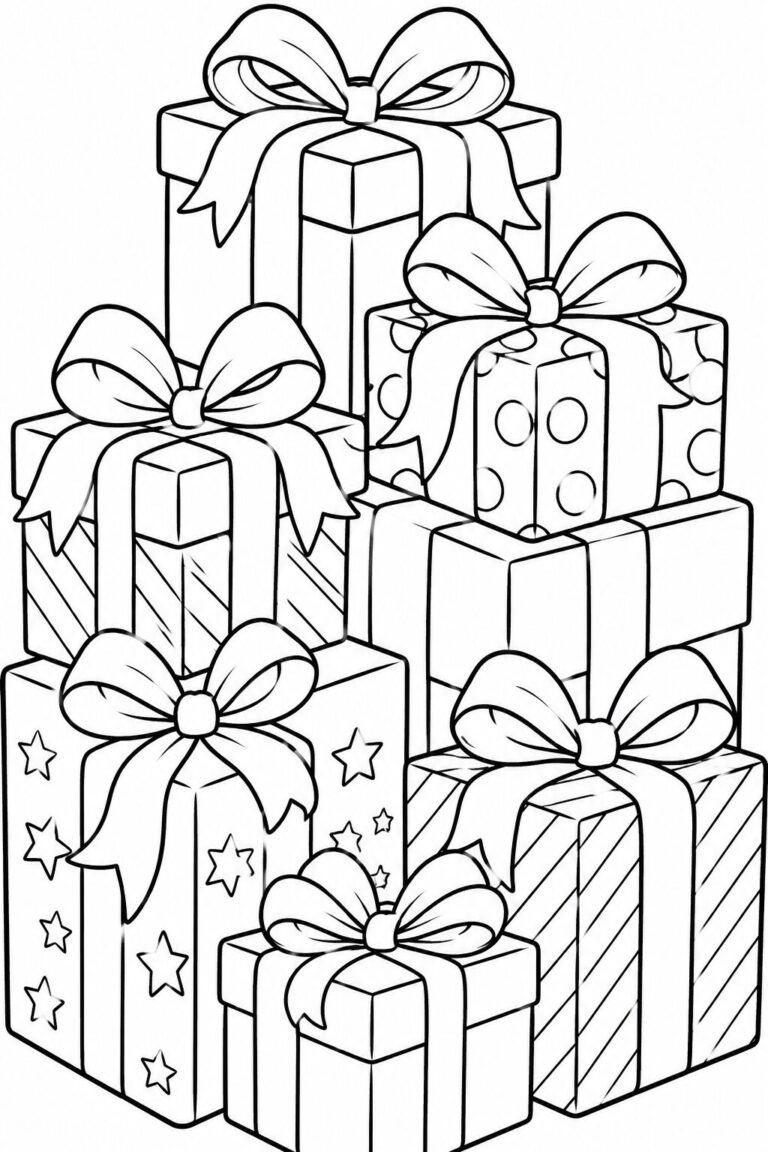 A delightful stack of gift boxes awaits coloring. Each box features unique decorations such as stars, stripes, and polka dots. Children can enjoy bringing them to life with vibrant colors while imagining the treasures inside.