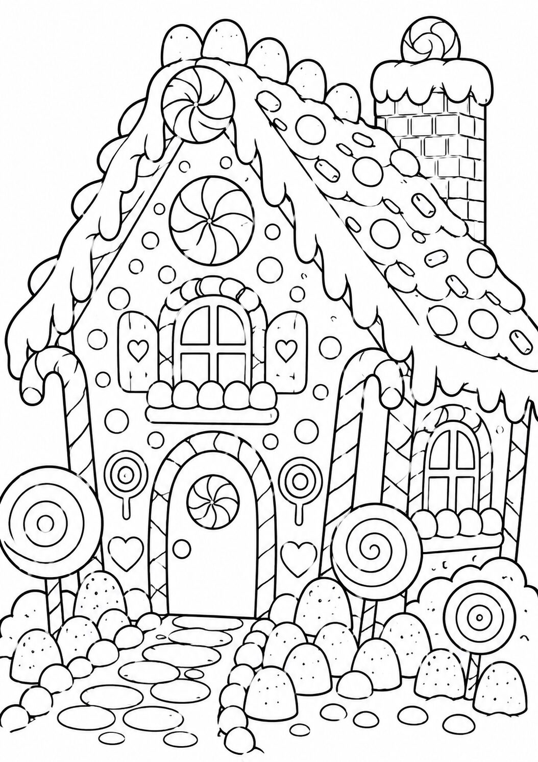 A detailed coloring page of a gingerbread house covered with icing and candies. Children can color lollipops, candy canes, and decorative features in this magical, festive scene.