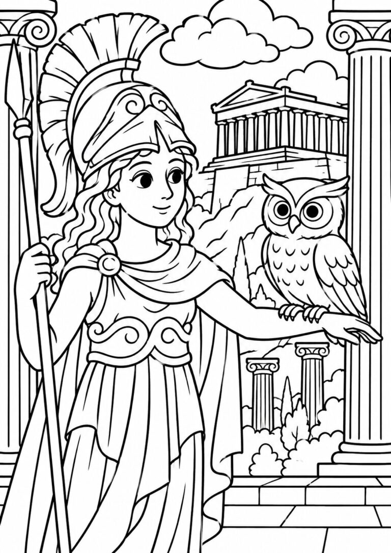 A character from Greek mythology in traditional attire with an owl, standing in an ancient Greek setting, provides a detailed and educational coloring activity for children.