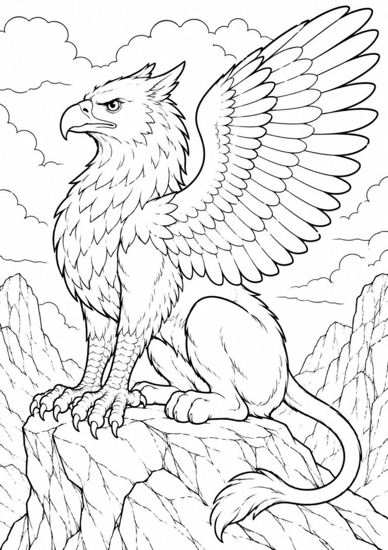Coloring page featuring a majestic gryphon sitting proudly on a rocky outcrop, with detailed wings and feathers, set against a backdrop of mountains and clouds.
