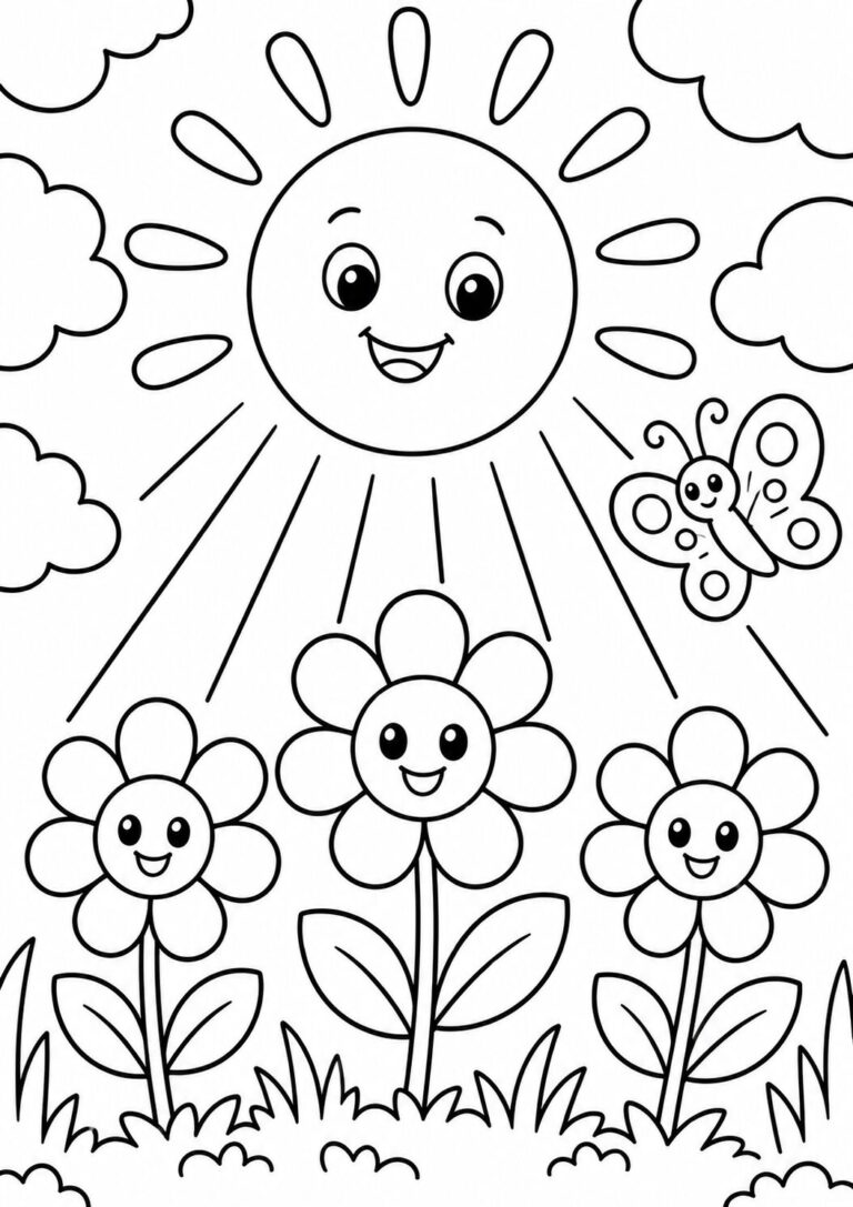 Coloring page showing a happy sun, smiling flowers, and a cheerful butterfly under a clear sky, encouraging kids to use bright colors.
