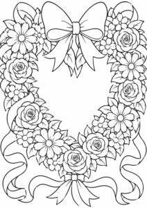 A detailed coloring page showcasing a heart-shaped floral wreath with intricate roses, daisies, and ribbons. Perfect for children to explore creativity and color blending.