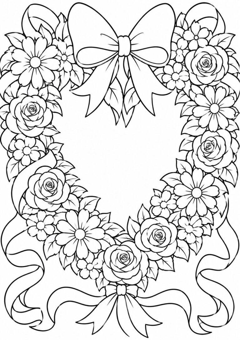 A detailed coloring page showcasing a heart-shaped floral wreath with intricate roses, daisies, and ribbons. Perfect for children to explore creativity and color blending.