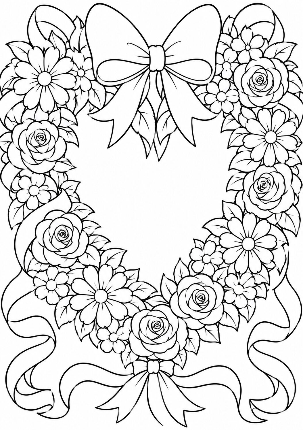 A detailed coloring page showcasing a heart-shaped floral wreath with intricate roses, daisies, and ribbons. Perfect for children to explore creativity and color blending.