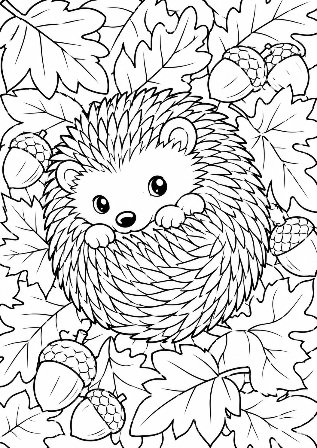 Coloring page showing an adorable hedgehog surrounded by large leaves and acorns, perfect for kids interested in nature and animals, providing an engaging coloring experience.