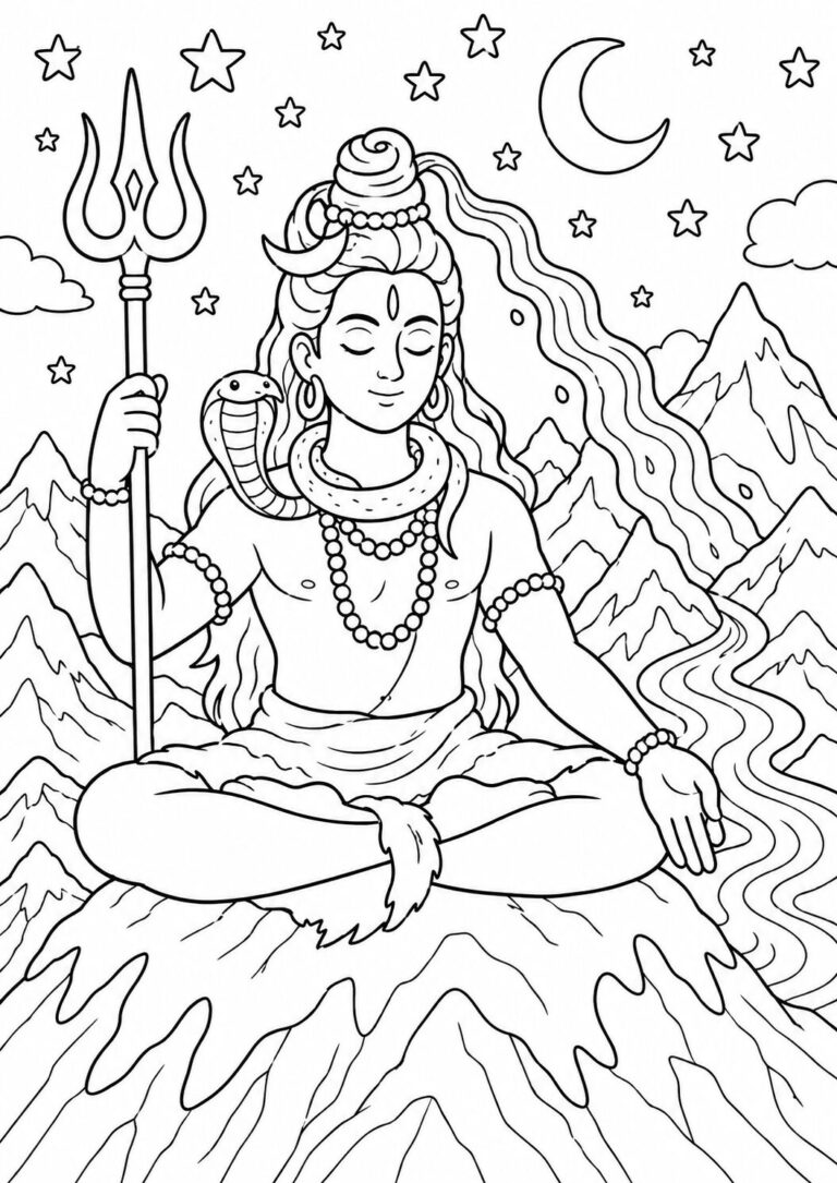 A detailed coloring page showing a peaceful Hindu deity with a trident, surrounded by stars and mountains, offering a creative experience for children.