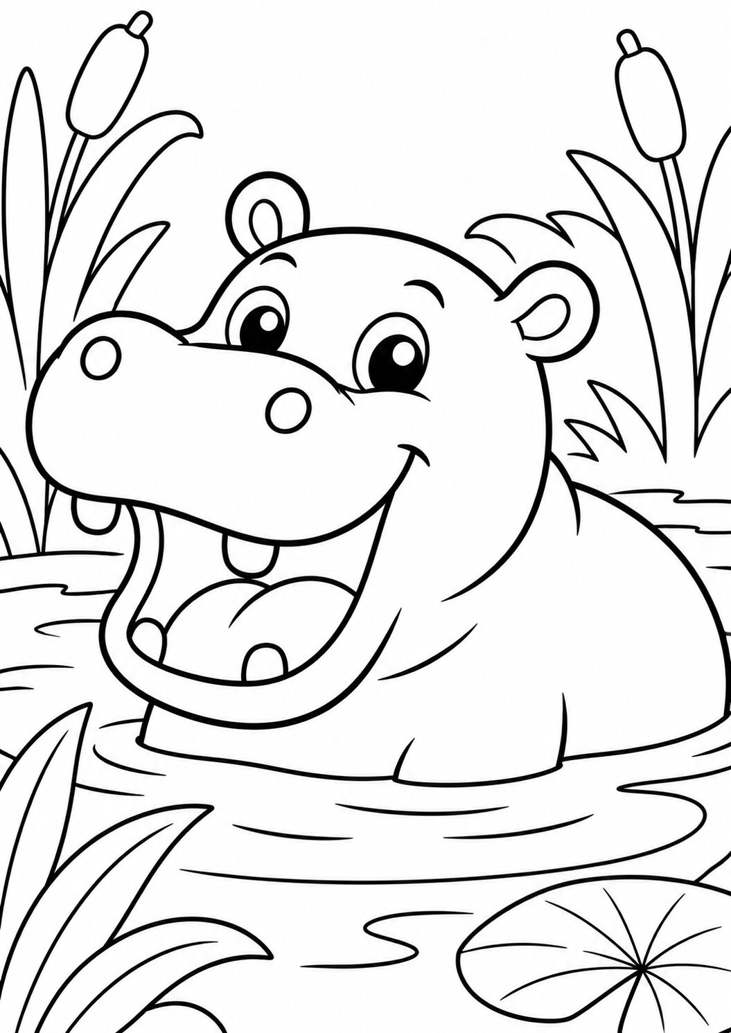 Cheerful hippo in a pond with reeds and water lilies. Designed for kids to color, this playful hippo scene fosters creativity and fun. Perfect for young artists to explore and enjoy with vibrant colors.