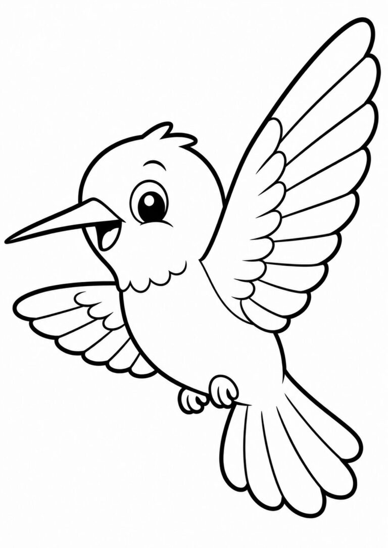 An adorable hummingbird with a joyful expression, wings spread wide, fit for coloring by children. It encourages creative exploration of colors and brings the beauty of nature to life through art.