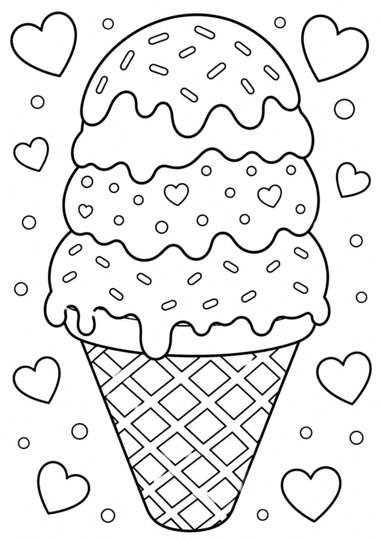 A coloring page with a three-scoop ice cream cone, decorated with sprinkles and surrounded by heart shapes and circles. Ideal for children's coloring activities, it offers a fun way to explore creativity with a dessert theme.
