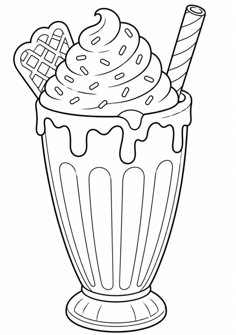 A delicious ice cream sundae with whipped cream, sprinkles, and a waffle, perfect for children to color and bring to life. The intricate details provide a fun and engaging coloring experience.