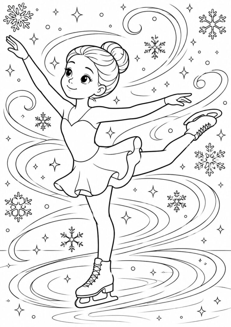 A delightful coloring page showing a young ice skater in the middle of a graceful performance. She is surrounded by swirling snowflakes and stars, capturing the essence of winter magic.