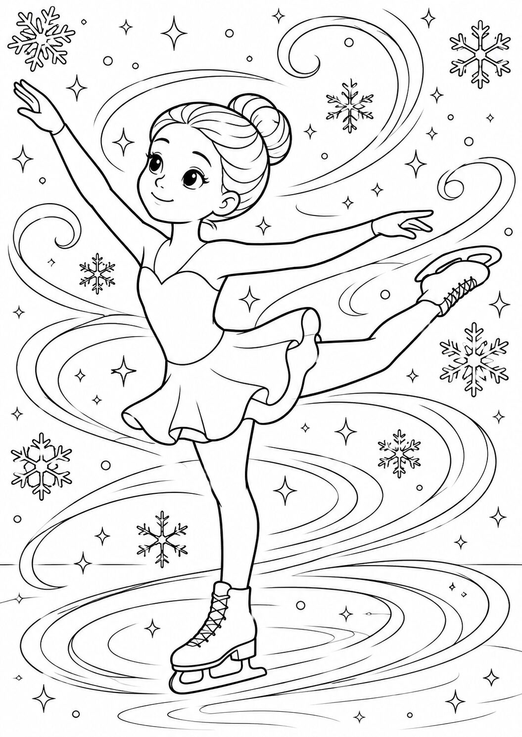 A delightful coloring page showing a young ice skater in the middle of a graceful performance. She is surrounded by swirling snowflakes and stars, capturing the essence of winter magic.
