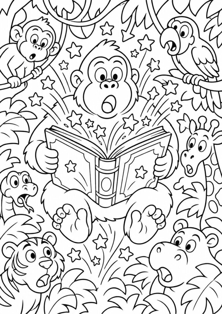 A jungle scene with a gorilla reading a magical book surrounded by curious jungle animals including a monkey, parrot, giraffe, tiger, snake, and hippo, with stars and enchantment.