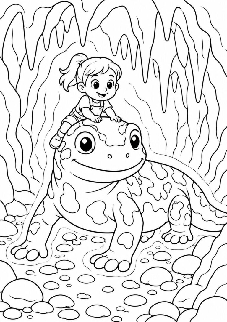 A young child rides a giant gecko in a fantasy cave with stalactites, perfect for coloring. This imaginative scene captures a sense of fun and adventure, encouraging creativity with its depiction of a friendly reptile in an enchanting setting.