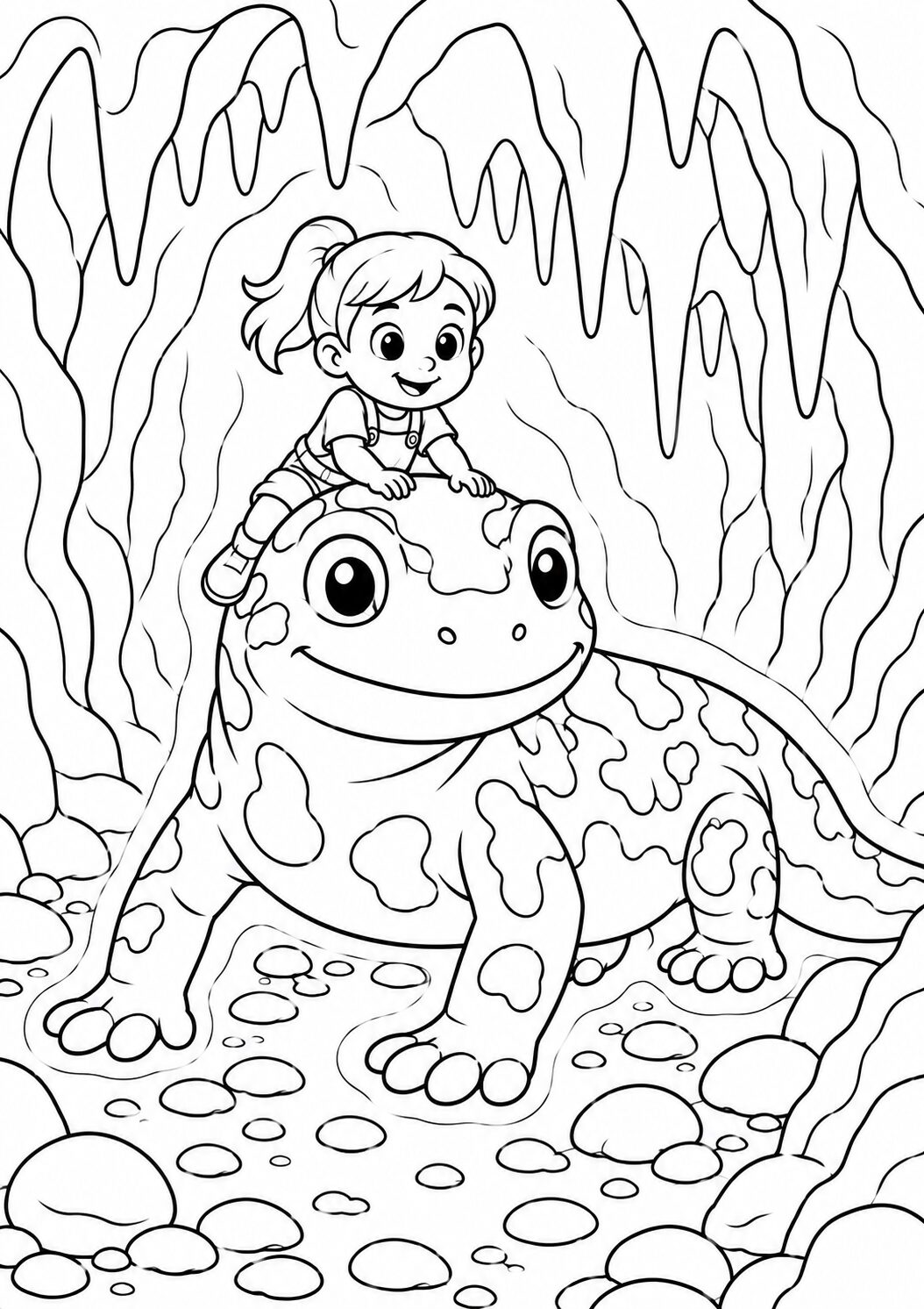 A young child rides a giant gecko in a fantasy cave with stalactites, perfect for coloring. This imaginative scene captures a sense of fun and adventure, encouraging creativity with its depiction of a friendly reptile in an enchanting setting.