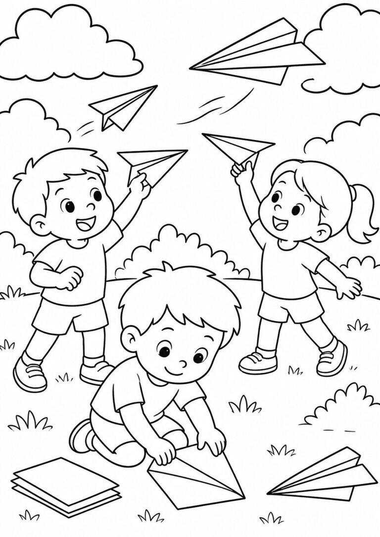 A coloring page with children playing in a field, flying and crafting paper airplanes, capturing a joyful outdoor activity.