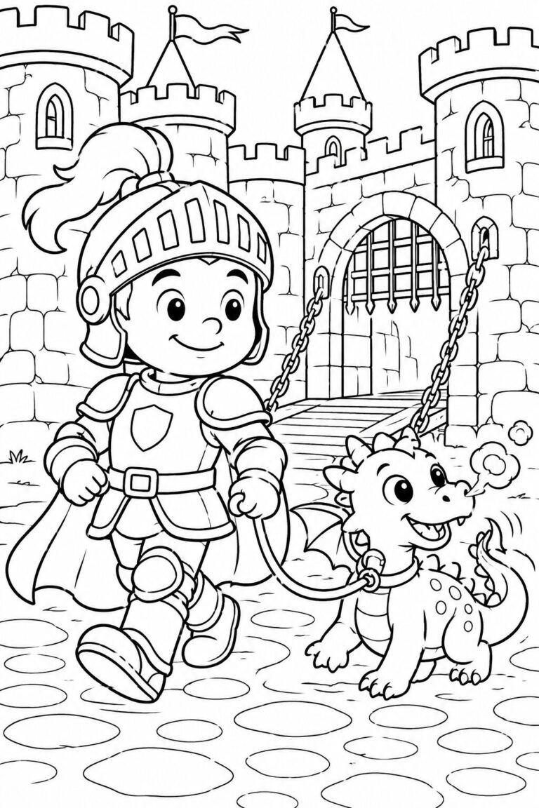 A charming coloring page showing a young knight with a friendly dragon in front of a castle, creating a whimsical fantasy scene perfect for kids to color.