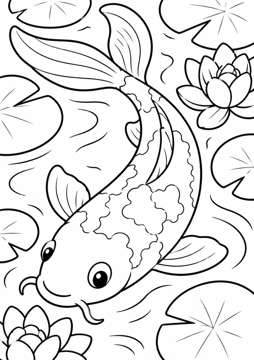 A detailed coloring page showing a koi fish swimming amidst lily pads. Children can enhance the image using various colors, focusing on the fish and the natural surroundings for a creative experience.