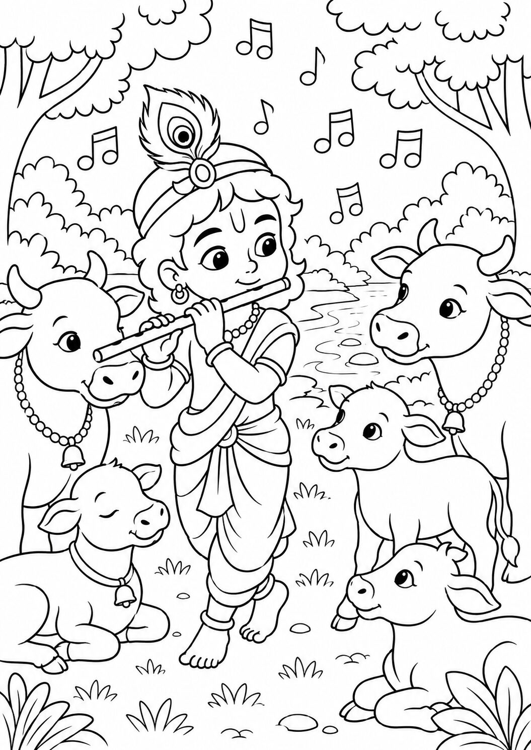 A coloring page depicting child Krishna playing the flute surrounded by cows. The scene includes music notes, trees, and a river, providing a serene setting for children to color.