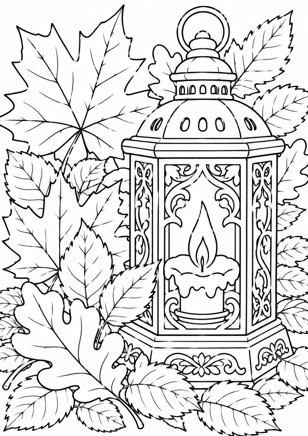 Detailed coloring page of a lantern encircled by various autumn leaves, inviting children to use their creativity to add color and bring it to life. Perfect for autumn-themed activities.