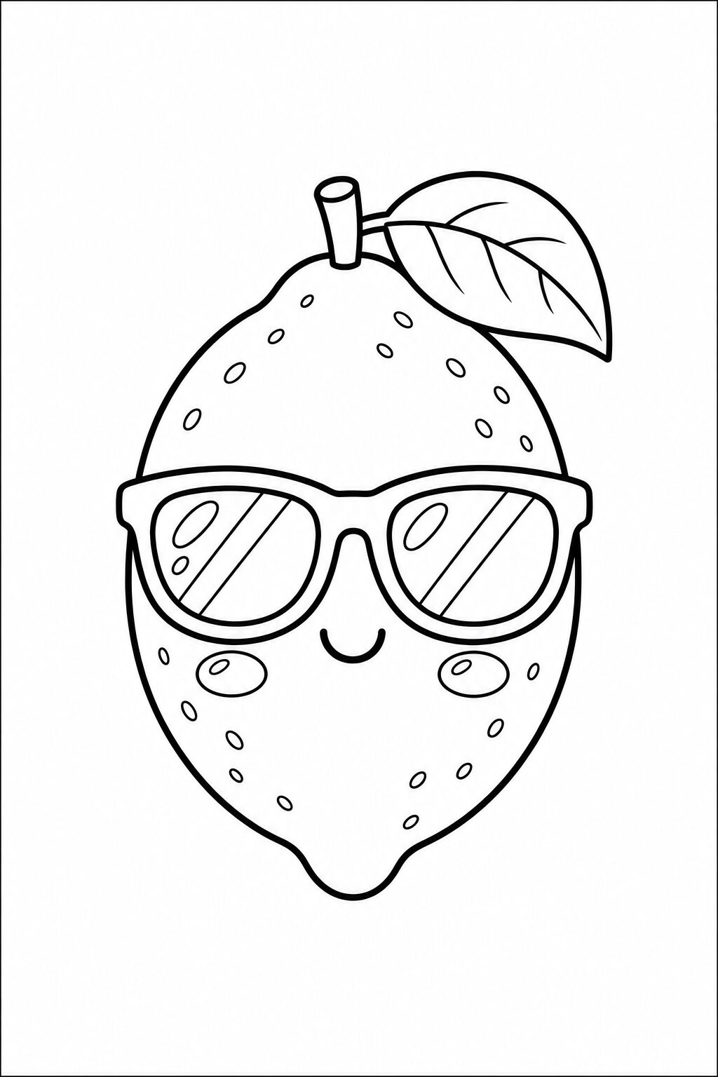 A cheerful lemon character with sunglasses is featured in this coloring page, designed for children to explore their creativity by coloring the fruit. The simple outline and adorable smile make it an enjoyable activity for young artists.