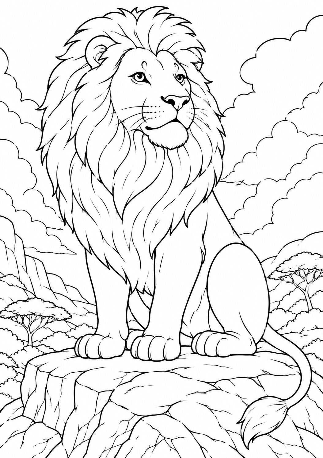 A majestic lion perched on a rock with a scenic background of clouds and trees, designed as a coloring page for children to explore their creativity.
