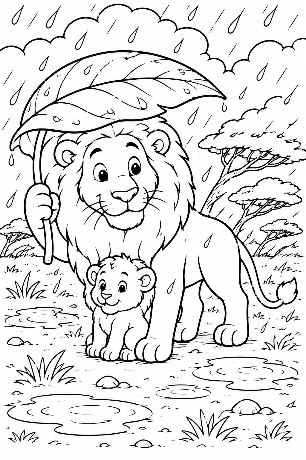 A delightful lion and its cub stand in the rain holding a leaf as an umbrella. The scene offers children the opportunity to color the savanna background and the playful lion family, stimulating their creativity.