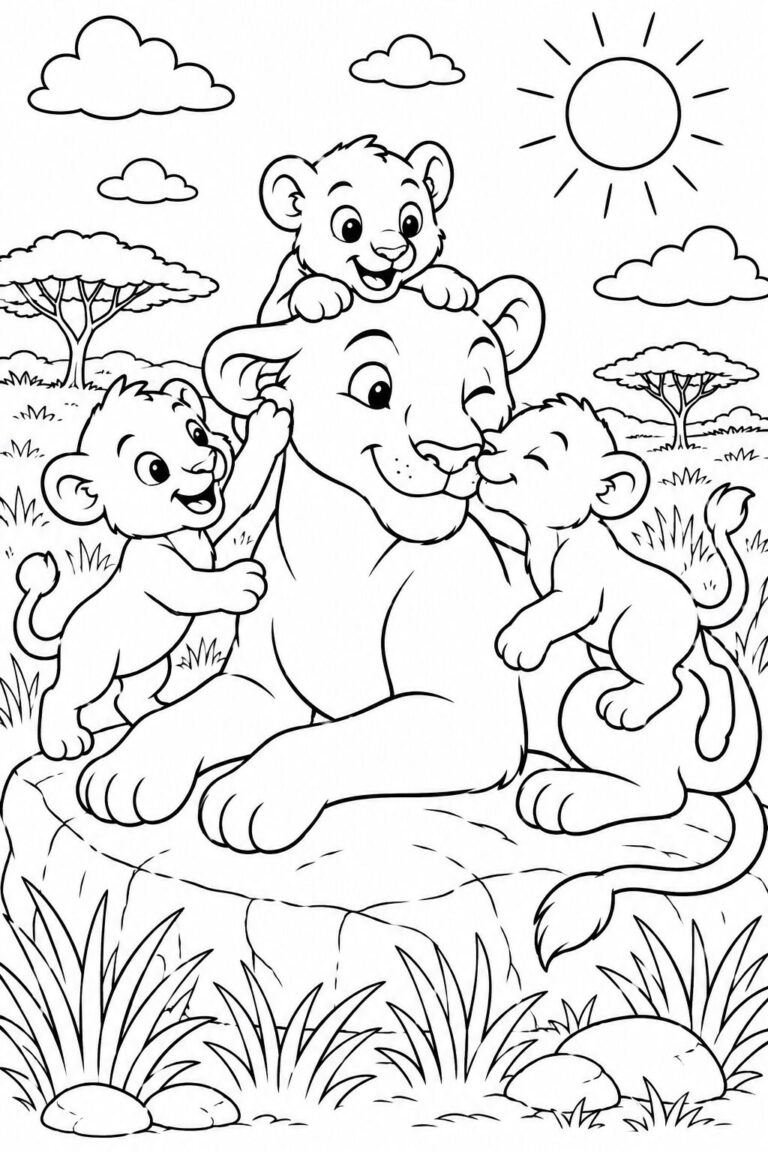 A delightful scene of a lioness with her three cheerful cubs playing together in a sunny savannah, designed for children's coloring. The cheerful setting invites creativity and imagination with an opportunity for colorful expression.