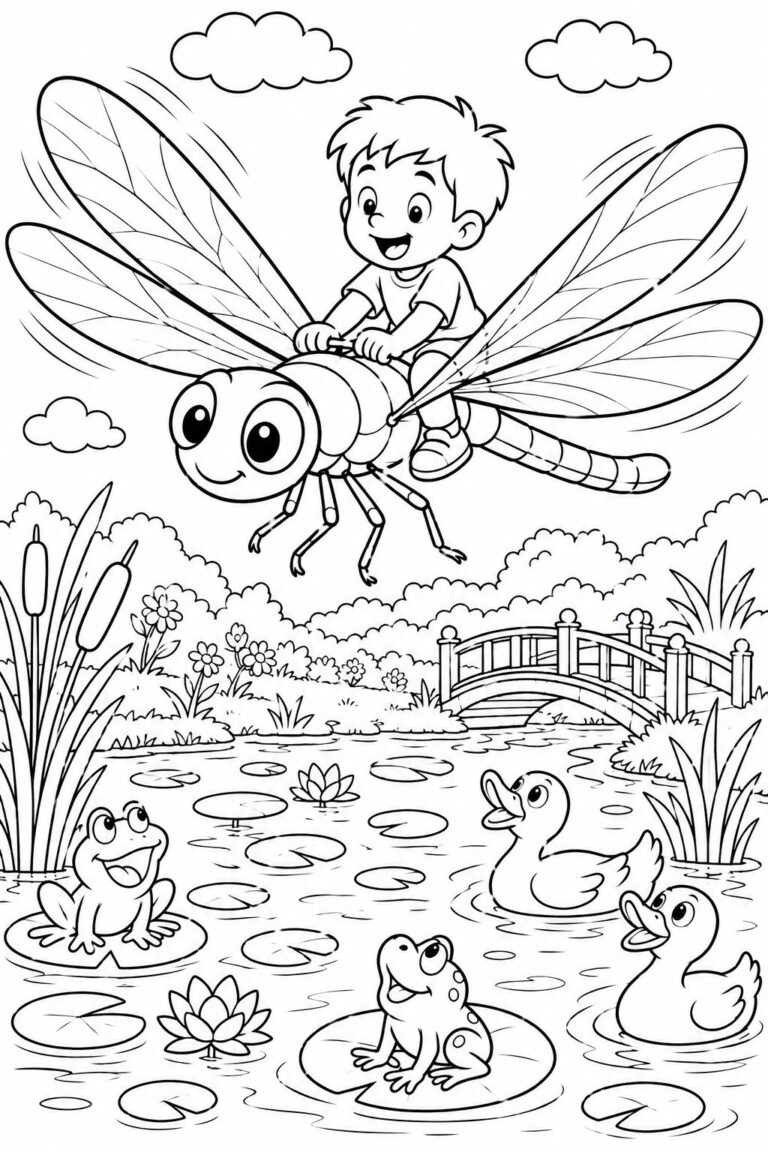 A child riding a giant dragonfly over a vibrant pond with lily pads, cheerful frogs, and ducks. A quaint bridge and lush greenery add charm to this coloring page, inviting kids to explore a magical adventure.