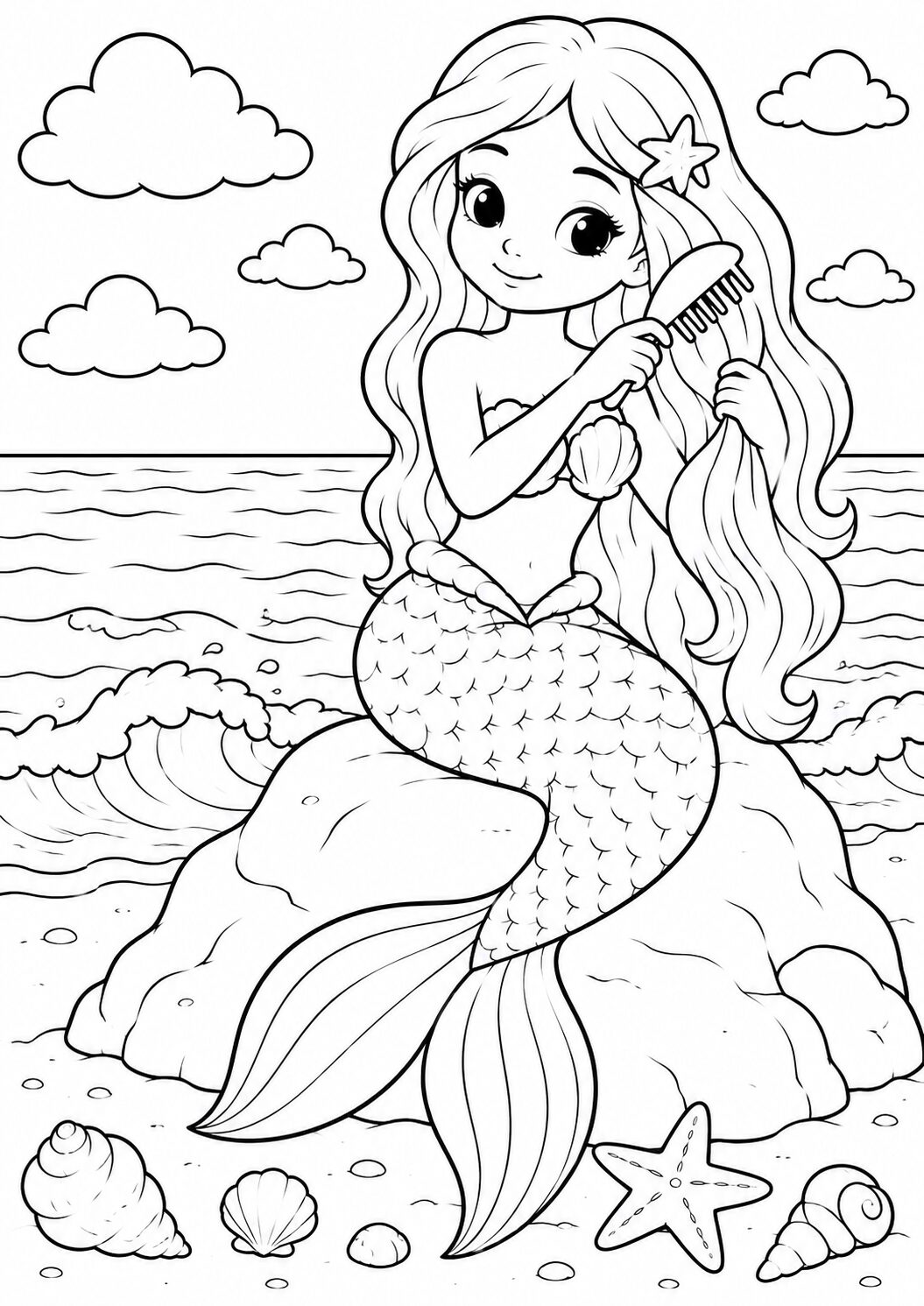 A charming mermaid on a rock by the beach, with clouds overhead, waves in motion, and sea treasures like shells and starfish, ready for children to add vibrant colors.